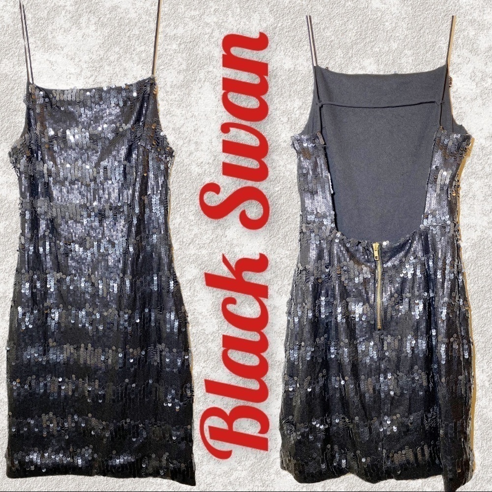 BLACK SWAN Gunmetalβ Metallic Sequined Mini Party Dress, Size Small - Picture 2 of 10
